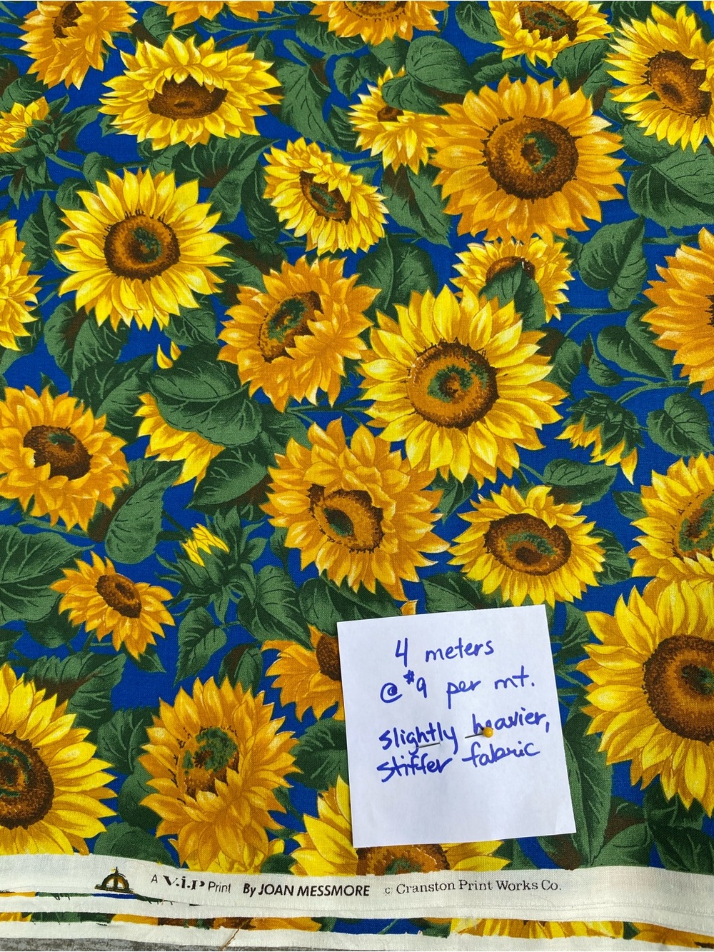 Sunflower Print fabric 4 yds Yellow flowers on Teal blue Vintage VIP print